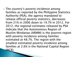  The country’s poverty incidence among
families as reported by the Philippine Statistics
Authority (PSA), the agency mandated to
release official poverty statistics, decreases
from 21% in 2006 down to 19.7% in 2012. For
2012, the regional estimates released by PSA
indicate that the Autonomous Region of
Muslim Mindanao (ARMM) is the poorest region
with poverty incidence among families
estimated at 48.7%. The region with the
smallest estimated poverty incidence among
families at 2.6% is the National Capital Region
(NCR).
 