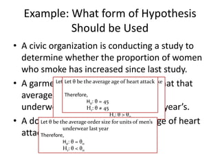 Example: What form of Hypothesis
            Should be Used
• A civic organization is conducting a study to
  determine whether the proportion of women
  who smoke has increased since last study.
• A garment θmanufacturer of heart attack that that
                                              suspects
              Let Let θthe the average of women who smoke
                   be be proportion age
                            during the last study
  average order size for units of men’s
                  Therefore,
                             H : θTherefore,
                              o    = 45
  underwear has decreased θ  H : θ ≠ 45 H : θ = from last year’s.
                              1   o    o
                                  1    oH:θ>θ
• A doctor claims thatsize for average age of heart
       Let θ be the average order the units of men’s
                 underwear last year
  attack patient is 45.
       Therefore,
                 Ho: θ = θo
                 H1: θ < θo
 