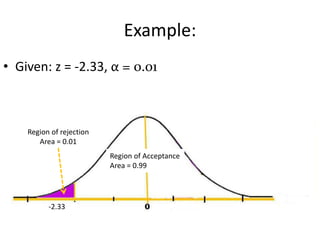 Example:
• Given: z = -2.33, α = 0.01



    Region of rejection
       Area = 0.01
                          Region of Acceptance
                          Area = 0.99




          -2.33
 