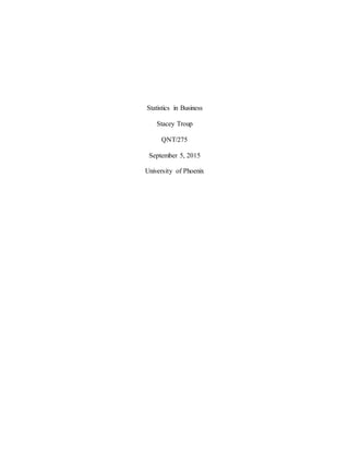 Statistics in Business
Stacey Troup
QNT/275
September 5, 2015
University of Phoenix
 