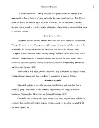 Statistics in Business 2
The science of statistics is simply a way for us to gather information and turn it into
understandable data in the form of charts and graphs for easier mental digestion. This Week 1
paper will discuss the different types and levels of statistics, the role of statistics in business
decision making as well as provide examples of situations where statistics was used to help come
to a business decision.
Descriptive Statistics
Descriptive statistics presents findings it in a way more easily understood by the reader.
Through this extrapolation of data, patterns might emerge that surprise both the reader and the
person collecting the data. (Understanding Descriptive and Inferential Statistics, N.D.)
Descriptive statistics measures central tendency through derivation of data from mode, median
and mean. Its measurements of spread summarizes data utilizing the mean through range,
quarterlies, absolute deviation, variance and standard deviation. (Understanding Descriptive
and Inferential Statistics, N.D.)
In the world of Wall Street, statistics are utilized daily to determine the spreads of stock
valuation through a designated time period and to speculate on its trend in the future.
Inferrential Statistics
Inferrential statistics is more of a percentage based utilizing data sampling from a
controlled group. Its methods include estimation of parameters and testing of statistical
hypotheses (Understanding Descriptive and Inferential Statistics, N.D.)
Commonly seen in schools who report testing scores based on grade levels and districts,
it extracts data based on a controlled sampling of data available for reporting (i.e. grade level,
test scores, gender, age).
 