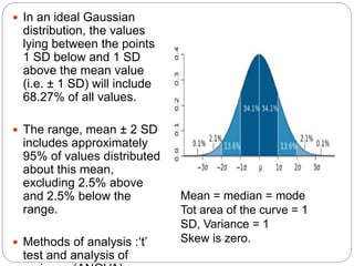  In an ideal Gaussian
distribution, the values
lying between the points
1 SD below and 1 SD
above the mean value
(i.e. ± 1 SD) will include
68.27% of all values.
 The range, mean ± 2 SD
includes approximately
95% of values distributed
about this mean,
excluding 2.5% above
and 2.5% below the
range.
 Methods of analysis :‘t’
test and analysis of
Mean = median = mode
Tot area of the curve = 1
SD, Variance = 1
Skew is zero.
 