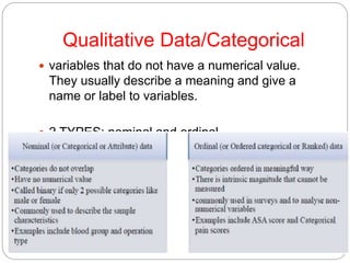 Qualitative Data/Categorical
 variables that do not have a numerical value.
They usually describe a meaning and give a
name or label to variables.
 2 TYPES: nominal and ordinal
 