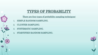 TYPES OF PROBABILITY
There are four types of probability sampling techniques:
1. SIMPLE RANDOM SAMPLING.
2. CLUSTER SAMPLING.
3. SYSTEMATIC SAMPLING.
4. STARTIFIED RANDOM SAMPLING.
 