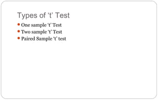 Types of ‘t’ Test
One sample ‘t’ Test
Two sample ‘t’ Test
Paired Sample ‘t’ test
 