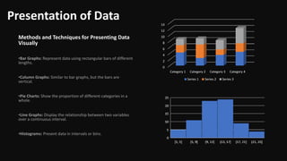 Presentation of Data
Methods and Techniques for Presenting Data
Visually
•Bar Graphs: Represent data using rectangular bars of different
lengths.
•Column Graphs: Similar to bar graphs, but the bars are
vertical.
•Pie Charts: Show the proportion of different categories in a
whole.
•Line Graphs: Display the relationship between two variables
over a continuous interval.
•Histograms: Present data in intervals or bins.
0
2
4
6
8
10
12
14
Category 1 Category 2 Category 3 Category 4
Series 1 Series 2 Series 3
 