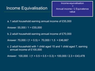 Income Equivalisation
Income-equivalisation
=
Annual income / Σ Equivalence
value
a. 1 adult household earning annual income of £55,000
Answer: 55,000 / 1 = £55,000
b. 2 adult household earning annual income of £70,000
Answer: 70,000 / (1 + 0.5) = 70,000 / 1.5 = £46,667
c. 2 adult household with 1 child aged 15 and 1 child aged 7, earning
annual income of £100,000
Answer: 100,000 / (1 + 0.5 + 0.5 + 0.3) = 100,000 / 2.3 = £43,478
 