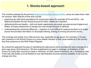 1. Stocks-based approach
This involves redesigning the previous Statistical Population Dataset (SPD), using new data-driven rules
for inclusion. Main features of this work include:
• producing two total stock populations for consecutive years (for example 2015 and 2016) – the
difference between the two should account for births, deaths and migration,
• attributing births and deaths – birth and death registrations are widely accurate across England and
Wales, so these components of change are more straight forward to attribute,
• understanding the remaining difference – migration is more difficult to measure as there is no single
source that provides information on all people entering, leaving or moving around the country.
The coverage and quality of our data sources vary, especially by age group. For example, a 10-year-
old’s presence in the School Census is a more reliable indicator of their usual residence in the country
than their presence on the NHS Patient Register.
As a result this approach focuses on identifying the data source which provides the best coverage for a
given age group (‘first hierarchy’). We then supplement any gaps in coverage, or limitations of that
source, by using other sources to create a ‘hierarchy’ of rules (‘second hierarchy’ etc.). Developing rules
in this way will enable us to be flexible as new administrative sources become available, or as sources
change over time.
 