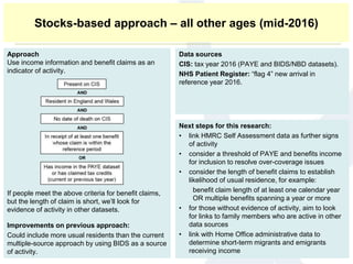Approach
Use income information and benefit claims as an
indicator of activity.
If people meet the above criteria for benefit claims,
but the length of claim is short, we’ll look for
evidence of activity in other datasets.
Improvements on previous approach:
Could include more usual residents than the current
multiple-source approach by using BIDS as a source
of activity.
Data sources
CIS: tax year 2016 (PAYE and BIDS/NBD datasets).
NHS Patient Register: “flag 4” new arrival in
reference year 2016.
Next steps for this research:
• link HMRC Self Assessment data as further signs
of activity
• consider a threshold of PAYE and benefits income
for inclusion to resolve over-coverage issues
• consider the length of benefit claims to establish
likelihood of usual residence, for example:
benefit claim length of at least one calendar year
OR multiple benefits spanning a year or more
• for those without evidence of activity, aim to look
for links to family members who are active in other
data sources
• link with Home Office administrative data to
determine short-term migrants and emigrants
receiving income
Stocks-based approach – all other ages (mid-2016)
 