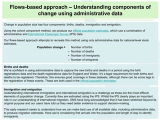 Births and deaths
We’re confident in using administrative data to capture the new births and deaths in a period using the birth
registrations data and the death registrations data for England and Wales. It’s a legal requirement for both births and
deaths to be registered. Therefore, this ensures good coverage in these datasets, although there can be some lags in
the registration of these events. These are both used in the official population estimates.
Immigration and emigration
Understanding international immigration and international emigration is a challenge as these are the most difficult
elements of population change. Currently they are estimated using the IPS. Whilst the IPS clearly plays an important
role in our understanding of international migration, ONS have long acknowledged that it has been stretched beyond its
original purpose and our users have told us they need better evidence to support decision-making.
This early research seeks to understand how we can make best use of all available data, including administrative data,
to produce migration estimates. Here we’re considering first arrivals into the population and length of stay to identify
immigrants.
Change in population size has four components: births, deaths, immigration and emigration.
Using the cohort component method, we produce our official population estimates, which use a combination of
administrative and International Passenger Survey (IPS) data.
Our flows-based approach attempts to recreate this method using only administrative data for national-level stock
estimates.
Population change = Number of births
– Number of deaths
+ Number of immigrants
– Number of emigrants
Flows-based approach – Understanding components of
change using administrative data
 