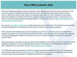 How ONS protects data
When we bring data together, we are conscious of the importance of data security and privacy, as we
are when directly collecting information from the public and businesses through surveys and the
census. ONS has a proven track record of protecting data, built over many decades of running the
census for England and Wales and the UK’s biggest regular household surveys. In all cases care is
taken to ensure that processing of integrated data is in accordance with our legal, data protection and
ethical principles and policies.
We use the “five safes” framework to safeguard the privacy of individuals. This provides assurance that
the data collected from individuals are only used for research and statistical analysis.
When we link administrative data sources together, we do this in a way that does not create linked
datasets of people nor households with personal identifiers. We use personal records for the purposes
of producing aggregate statistics and research only e.g. results for groups of people at a national or
regional level.
Strong precautions are taken so that any data made available to the public in any form comply with data
protection legislation and the confidentiality provisions in the Statistics and Registration Service Act
2007, Digital Economy Act 2017 and the Code of Practice for Statistics.
The ONS has recently published a series of revised principles and policies on the use, management
and security of data, which can be found here. These set out how we use, manage and secure data,
while providing the best standard of statistical information for the public.
 