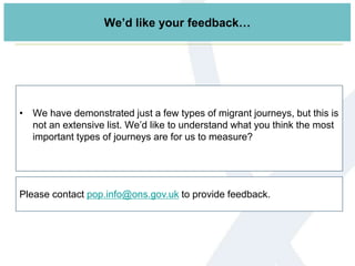 • We have demonstrated just a few types of migrant journeys, but this is
not an extensive list. We’d like to understand what you think the most
important types of journeys are for us to measure?
Please contact pop.info@ons.gov.uk to provide feedback.
We’d like your feedback…
 