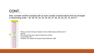 CONT..
Now, consider another example with an even number of observations that are arranged
in descending order – 40, 38, 35, 33, 32, 30, 29, 27, 26, 24, 23, 22, 19, and 17
When you look at the given dataset, the two middle values obtained are 27
and 29.
Now, find out the mean value for these two numbers.
i.e.,(27+29)/2 =28
Therefore, the median for the given data distribution is 28.
 