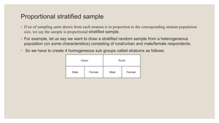 Proportional stratified sample
◦ If no of sampling units drawn from each stratum is in proportion to the corresponding stratum population
size, we say the sample is proportional stratified sample.
◦ For example, let us say we want to draw a stratified random sample from a heterogeneous
population (on some characteristics) consisting of rural/urban and male/female respondents.
◦ So we have to create 4 homogeneous sub groups called stratums as follows:
Urban Rural
Male Female Male Female
 