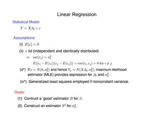 Linear Regression
Statistical Model:
Assumptions:
Goals:
 