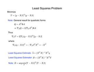 Least Squares Problem
Minimize
Note: General result for quadratic forms
Thus
where
Least Squares Estimate:
Least Squares Estimator:
Note:
 