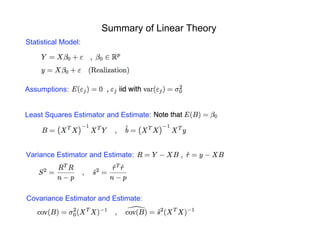 Summary of Linear Theory
Statistical Model:
Assumptions:
Covariance Estimator and Estimate:
Least Squares Estimator and Estimate:
Variance Estimator and Estimate:
 